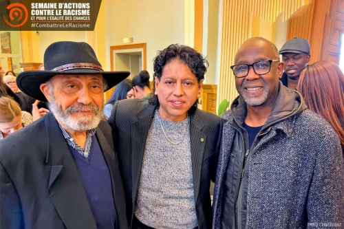Photo de Frantz Voltaire, président de la SACR, avec Ruben Paredes, responsable du graphisme et de la gestion du site de la SACR, et Alix Laurent, fondateur de la SACR. Les trois personnes sont membres depuis la création de la SACR.